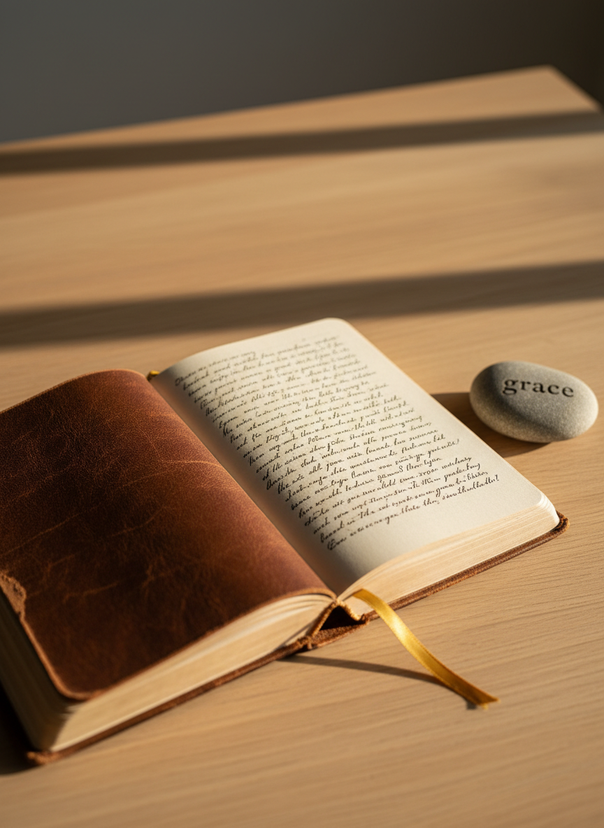 An open leather-bound journal with slightly worn edges lies on a simple oak table, its cream-colored pages filled with neat, handwritten reflections that fade into soft blur. A single mustard-yellow bookmark ribbon peeks out between the pages. Beside it, a smooth river stone etched with the word “grace” rests on the tabletop. Warm late-afternoon sunlight streams through an unseen window, casting gentle, diagonal beams and soft shadows that emphasize the journal’s texture. Shot from a slightly elevated angle following the rule of thirds, the composition leaves generous negative space, creating a calm, introspective atmosphere. The style is photographic realism with a minimalist, professional look, focusing on subtle tones, quiet detail, and the sense of a private faith reflection moment captured in stillness.