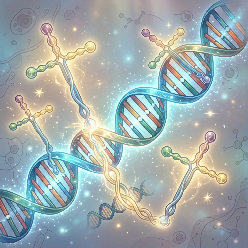 DNA double helix with labeled alpha and gamma chains of laminin protein complexes binding at major grooves
