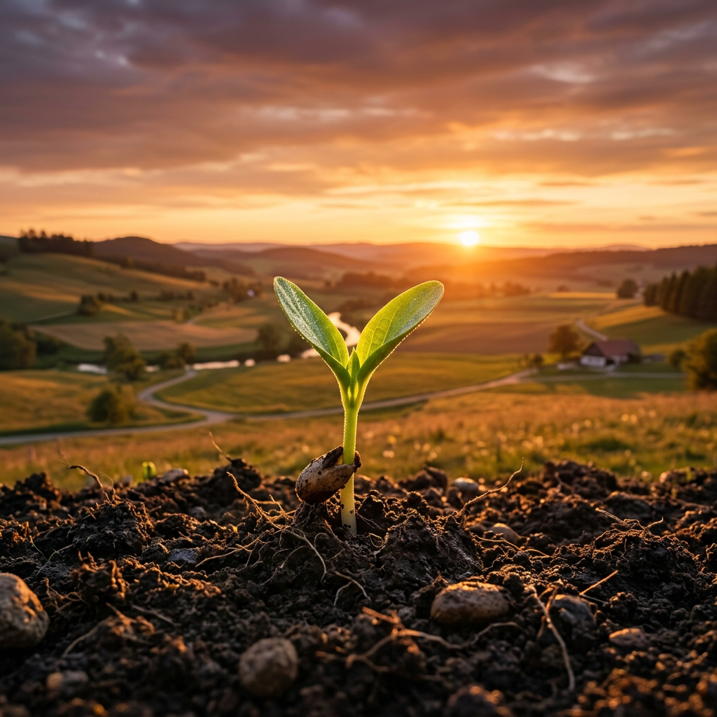 Seedling sprouting from soil in a rural field during sunset