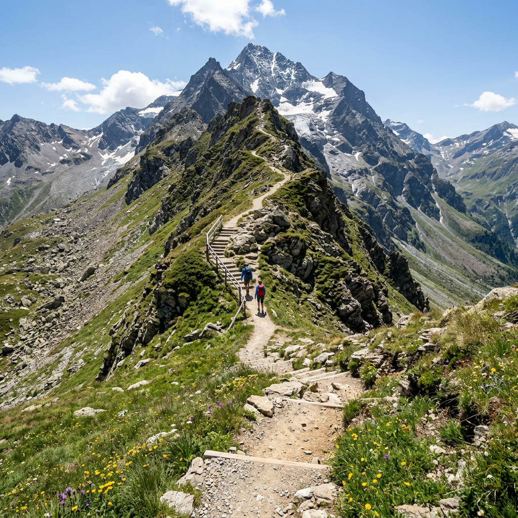 Two hikers on a narrow mountain trail with rocky peaks and wildflowers