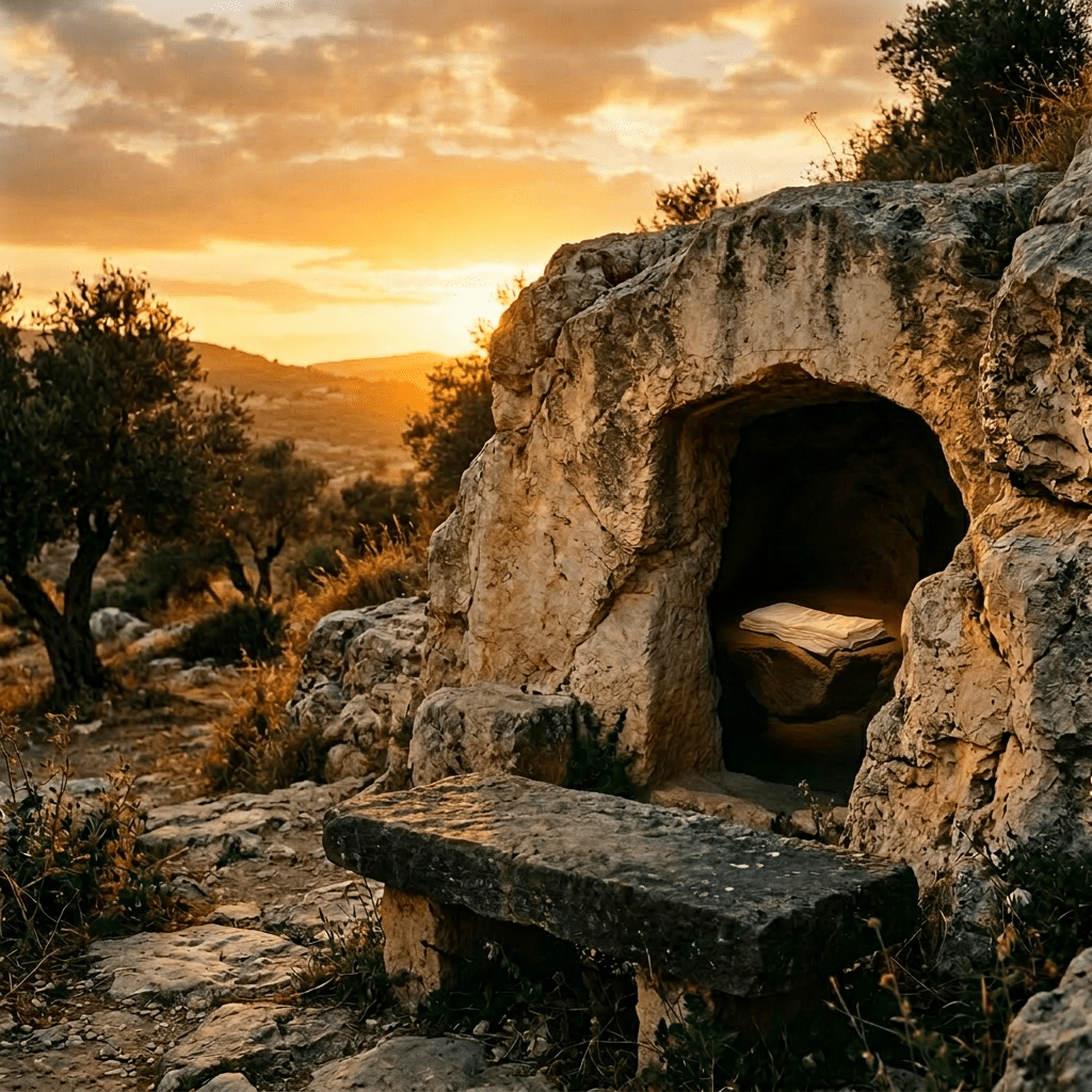 Stone tomb entrance with Hebrew inscription and folded cloth on stone bench